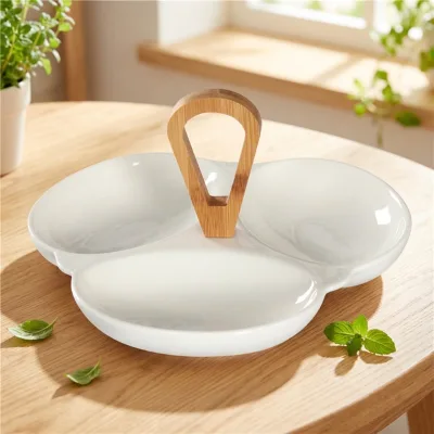 New Product Hotel Divided 3 Bamboo Handle Serving Ceramic Dishes for Restaurant