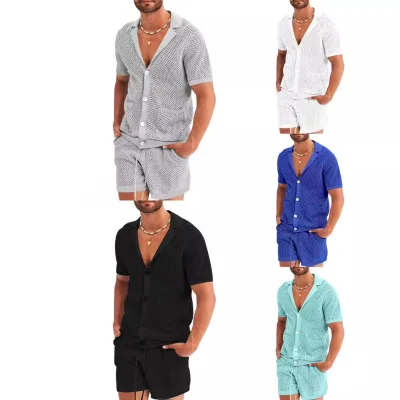 Factory Wholesale American Size Short Sleeved Shorts Set Summer Breathable Mesh 2 Piece Set Solid Color Polo Shirt Shorts Set