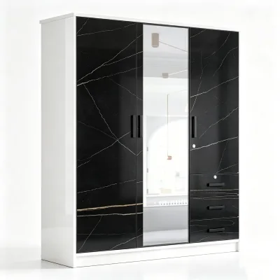 Hinged Door Wardrobe With Mirror Black Marble High Gloss Bedroom Wooden Storage Cabinet With Lock and Drawers