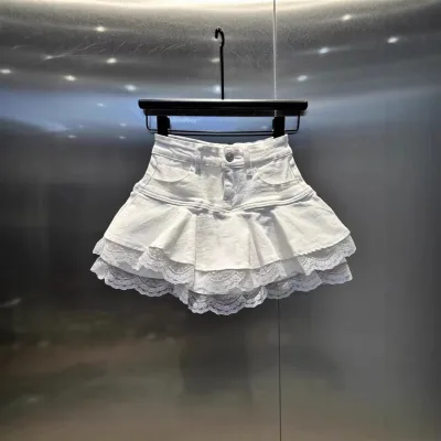 PEEQI 9-22-3 Sexy Summer Fashion Women Denim Skirts Lace Patchwork Pleated Street Wear New Style Jeans Skirt