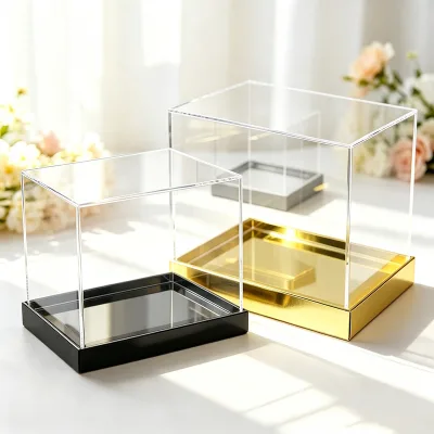 Wholesale Custom Clear PMMA Acrylic Display Case Gold Mirror Bottom Dust Cover Box for Handmade Perfume Cosmetic Display