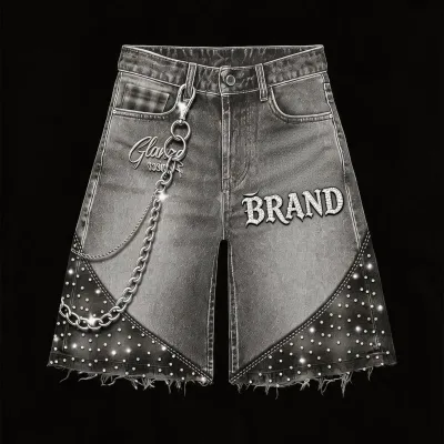 OEM ODM Streetwear Hip Hop Mid Denim Shorts Vintage Distressed Blank Cargo Loose Baggy Jeans Shorts Acid Washed Faded Rhinestone
