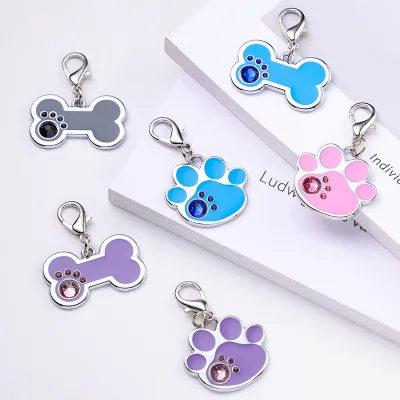 New Arrival Zinc Alloy Pet ID Tags Rhinestone Bone Paw Shape Engravable Anti-Lost Dog Name Tag with Lobster Clasp