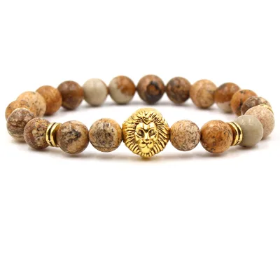 gemstone Men's 18K Gold Lion's Head Bead Bracelet Natural Stone Bohemia Black Chakra Lava Marble Bangle DIY Hiphop Silver Gifts