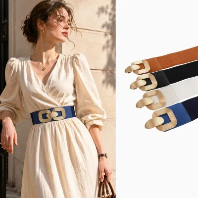 New Lightweight Luxury Square-buckle Zinc Alloy Elastic Wide Waist Belt Women Stretchy Cinches Dresses Trench Coats Suits