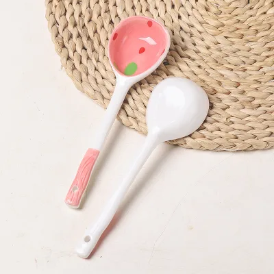 Creative Long-Handled Porcelain Ceramic Spoons Cute Strawberry Dessert Mixing Spoon for Home Kitchen Tableware
