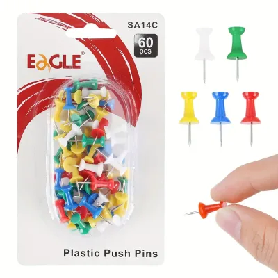 EAGLE SA14C 60pcs Metal Color Push Pins Assorted Thumb Tacks (5 Vibrant Colors Nickel Plated) for Office/Home Use