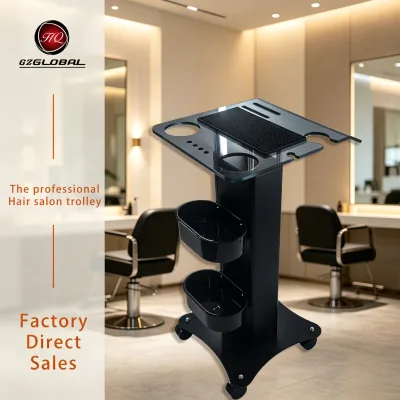 Professional Salon Single Pole Plastic Hair Trolley Mobile Barber Tool Stand with Bowl Holders & Storage Trays