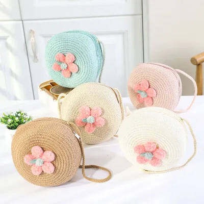 Wholesale Summer Round Cute Woven Straw Solid Pattern Fashion Open Coin Purse Crossbody Kids Beach Bags