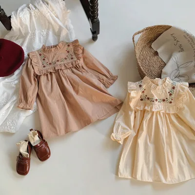 New Korean Style Kids Party Long-sleeve Dress Toddler Baby Girl Vintage 100% Cotton Square Collar Embroidered Custom Dress