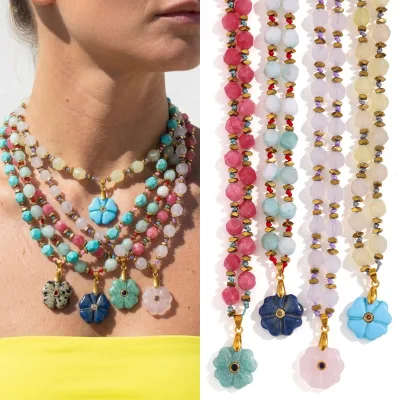 New Boho Style Stainless Steel Natural Stone Turquoise Quartz Flower Pendant Handmade Knotted Design Beaded Necklace for Women