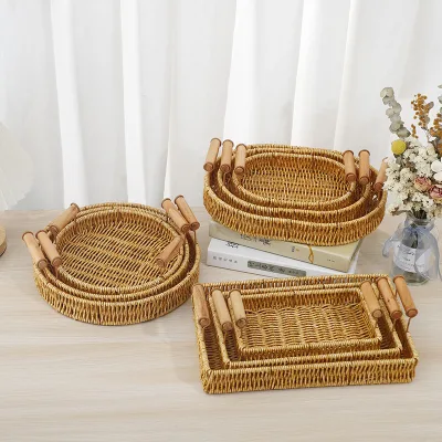 3pcs Set New Hand Woven Fruit Plastic RattanRound Home or Outdoor Storage Baskets With Handles Iron Frame Baskets