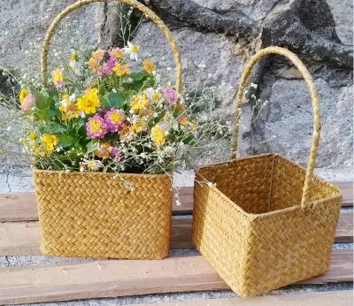 Wedding Decoration Rectangular Flower Gift Handmade Seagrass Basket Straw Flower Basket