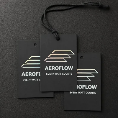 Custom Holographic Foil Black Cardstock Hang Tags Laser Rainbow Reflective Clothing Tags Luxury Brand Packaging
