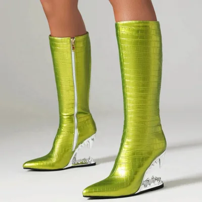 Women's Tiger Teeth Shape Heels Knee High Boots Ladies Animals Prints Shoes Wedge Heel Side Zipper Solid Long Booties