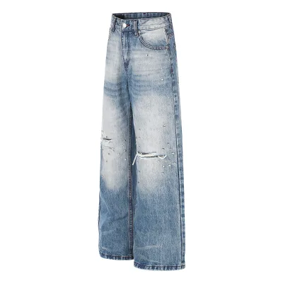 Vintage Ripped Jeans Unisex Rivets Plaid Patchwork Distressed Mid-rise Loose-fit Streetwear Brand Straight-leg