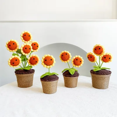 Hand-Knitted Smile-Sunflower Pot Plant Office Home Decor Yarn Ornament Holiday Gift Artificial Flower
