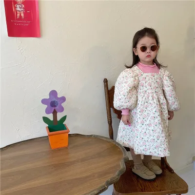 2021 Fashion Design Kids Clothing Gilr's Padded Coat Dress Warm Princess Flower Dress for Winter Cotton Skirt Thick Wholesale