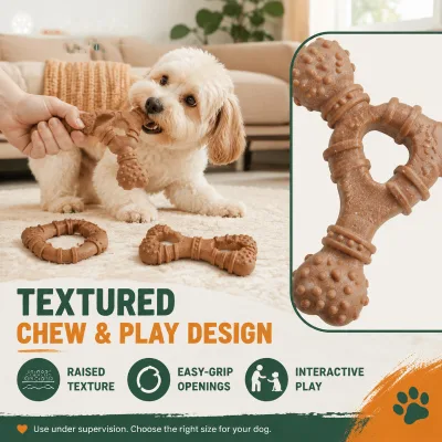 Wood Plastic Dog Chew Toy Textured Dental Chew Bone Ring Boomerang for Small Medium Dogs Pet Training Toy