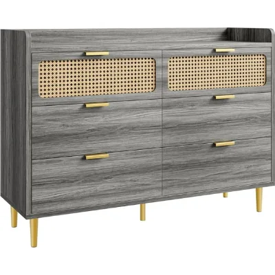 6 Drawer Rattan Dresser Narrow Farmhouse Wicker Chest with Gold Handles and Metal Legs Wooden Storage Dresser with Railed Edge
