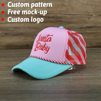 Custom Embroidered Logo 5 Panel Snapback Foam Tricolor Striped Print Mesh Holiday Christmas Hat Candy Cane Trucker Cap Fashion