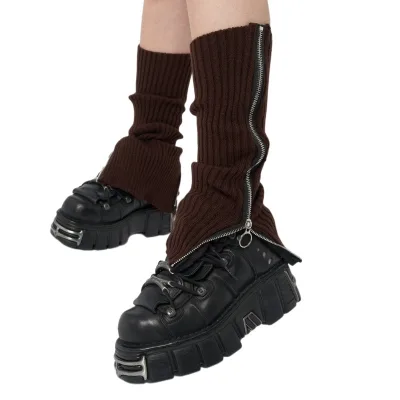 Women Knee High Boot Socks Knitted Ribbed Gothic Punk Leg Warmers Side Zipper up Leg Warmers