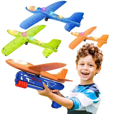 Unisex Flying Airplane Launcher Toy Gun With LED Light Funny Outdoor Airplane Throwing Glider Foam Plane Toys Kids Play