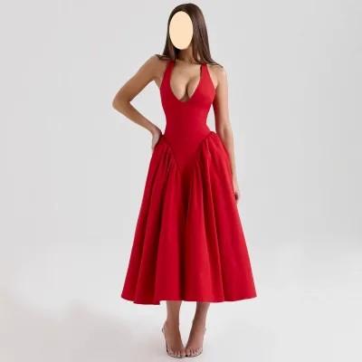 Summer New Design Street Hot Girl Solid Color Deep V Neck Sleeveless High Waist Fitted Bustier Loose A-Line Hem Long Party Dress