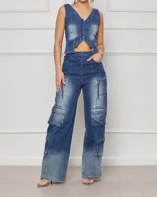 ZHEZHE Fashion Denim Wide Leg Pants Two Piece Sets Women V Neck Zipper Irregular Tank Top and Jeans Pants Outfits