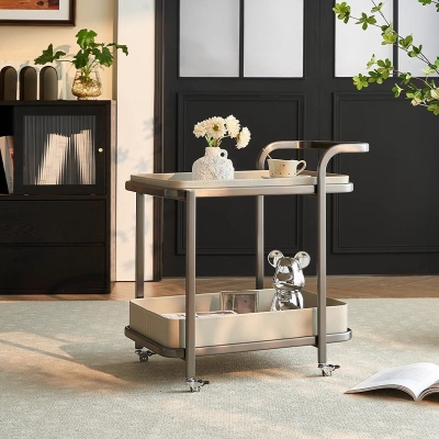 Modern Saddle Leather Moving Sofa Edge Tea Table Family Living Room Home Furniture with Movable Metal Trolley