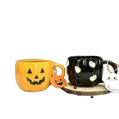 Whimsical Ceramic Pumpkin Ghost Mugs with Spoons Spooky Seasonal Water Cups for Halloween