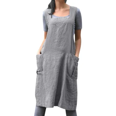 Women Cotton Linen Aprons with Bag Pinafore Square Cross Aprons Pinafore Dress