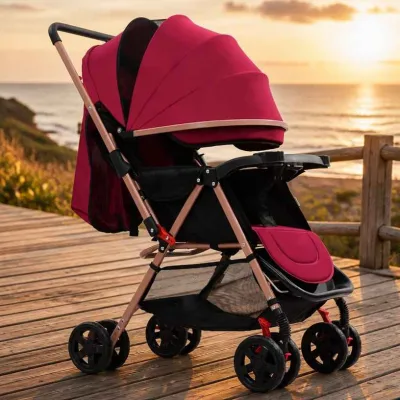High View Baby Stroller Black Shell Cot Silver Alloy Tube Grey Hood Face Newborn Pram Trolley Walk