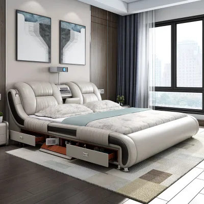 Smart Upholstered Leather Double Bed with Control Panel Projector USB Charging Bluetooth Speaker Drawers Safe for Bedroom Bett