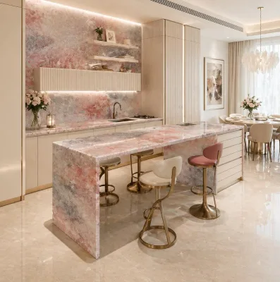 Rare Natural Pink Marble Kitchen Island With Breakfast Bar for Open Concept Kitchen