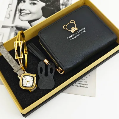 Women's Watches Set Elegant Square Case Roman Scale Leather Wristwatch Rhombus Bracelet Mini Wallet Box