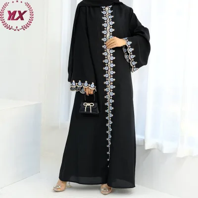 Black Embroidered Robe, Blue Floral Details - Elegant Muslim Fashion
