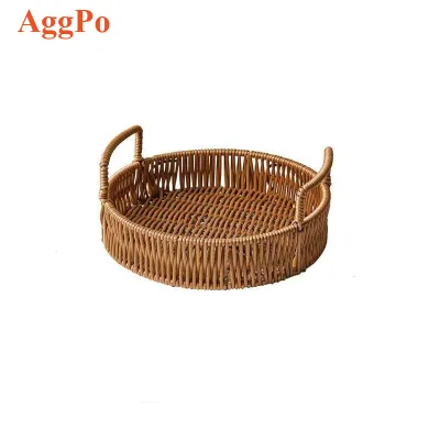 Plastic Round Rattan Serving Tray with Handles, Home Decor Organizer Tray for Breakfast, Tea, Snack, Fruit, Coffee, Storage