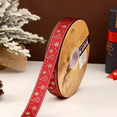 Printed Polyester Custom Golden logo Embossed Ribbon Christmas Gift Packaging Holiday Celebration Decoration Ribbon