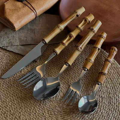 YF Silver Stainless Steel Gold Cutlery Set With Bamboo Plastic Handle
