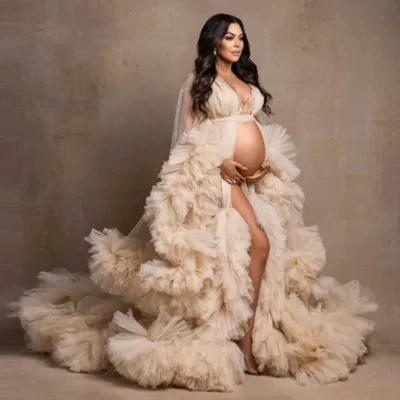 2025 Illusion Sleepwear Ruffles Maternity Dress for Photography Puffy Tulle Bridal Dress Anniversary Bride Lingerie Nightwear