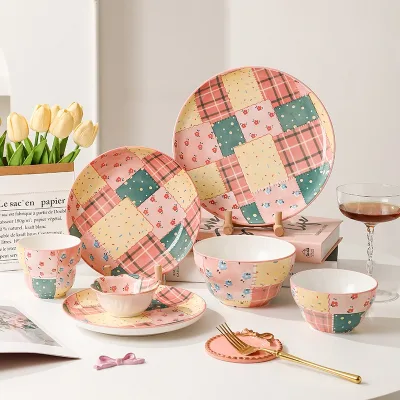 Customizable Colored Mosaic Pattern Ceramic Dinnerware Set Hand Painted Round Soup Bowls Hotels Restaurants Plates