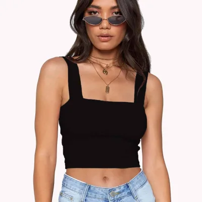 Summer Soft Stretch Breathable Knitted Short Solid Cropped Front Logo Women's Tank Tops Workout Casual Vest