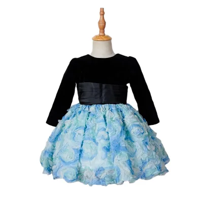 Pretty Princess Girls Black Party Dress with Floral Embellishments Ruffles Appliques for 11-Year-Old Kids Autumn Spring Seasons