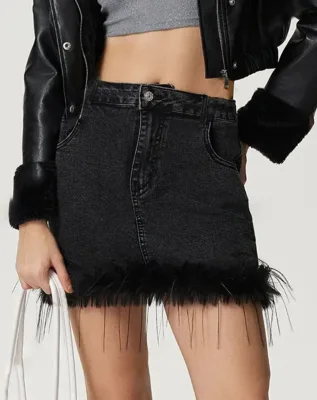 Wholesale Custom High Waist A-Line Mini Skirt Women's Washed Black Denim Streetwear with Feather Trim Hem and Button Detail