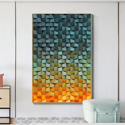 JZ Hall Decoration Large Abstract Geometric Mosaic Wood Carved Panel 3D Handmade Wall Art