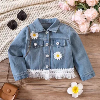 Wholesale Toddler Baby Girl Jacket Long Sleeve Cardigan Button Denim Coat Kids Denim Jacket with Fringe