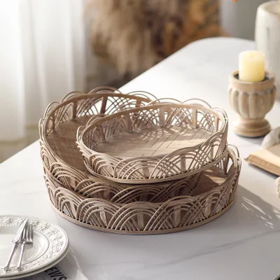 Set of 3 Farmhouse Home Decor Round Tray Serving Plates Natural Bamboo and MDF Organizer Trays