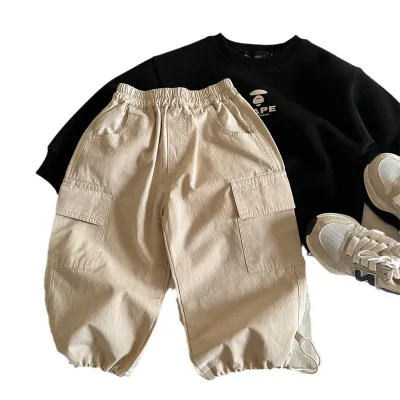 2024 Wholesale Children Spring Kids Full Length Washed Solid Pant Boys Pocket Kids Sustainable Breathable Casual Girls Trousers