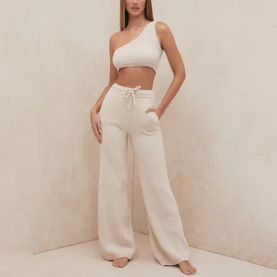 CHAUNGYU Women Knitted Loungewear Chenille Cozy Wide Leg Casual Tracksuits Knit Sweater Two Piece Set for Women